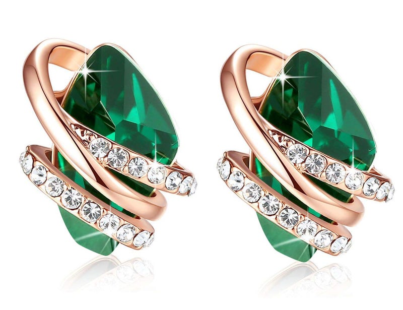 Leafael Wish Stone Stud Earrings with Emerald Green Birthstone Crystal, 18K Rose Gold Plated - Image 1